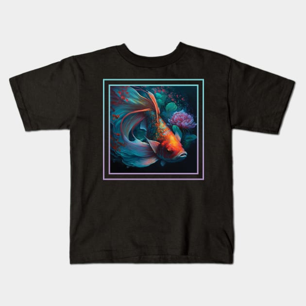 Silky Koi Fish Vibrant Tropical Flower Digital Oil Painting Portrait Kids T-Shirt by ArtHouseFlunky